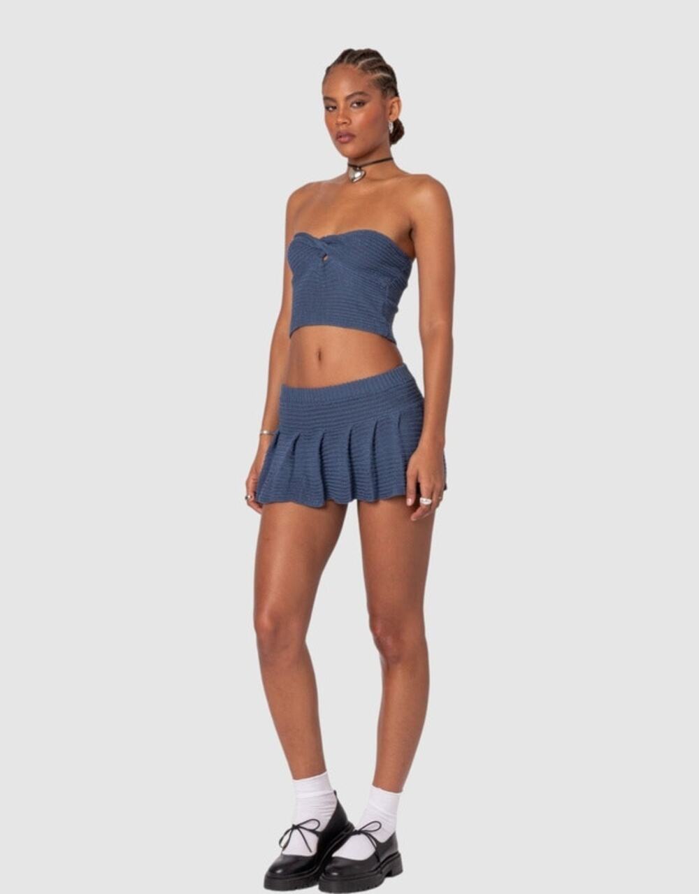 NWT Edikted Kiera Pleated Knit Mini Top & Skirt Set Dark Blue Large